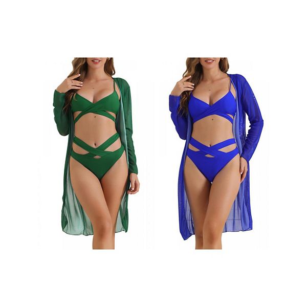 

2 комплекта женского бикини с вырезами и регулируемыми перекрестными лямками, 3-частные треугольные трусики Inspire Chic, Royal Blue Green