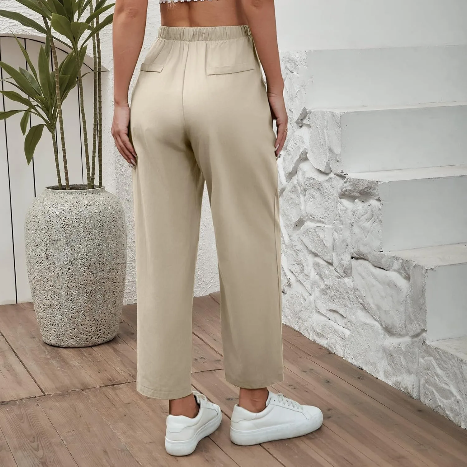 Женские летние повседневные брюки из хлопка и льна с высокой талией, завязками и эластичным поясом, для пляжа и отдыха Generic, хаки — фото 3