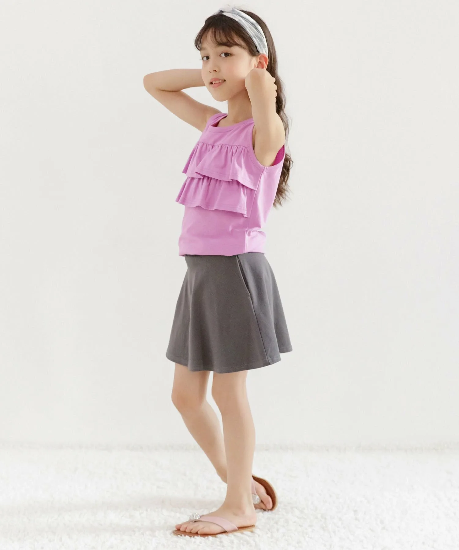 Топ в морском стиле с лентами и оборками, для девочек, Bee Bee, Sleeveless lavender fabric with two-tiered ruffles — фото 2