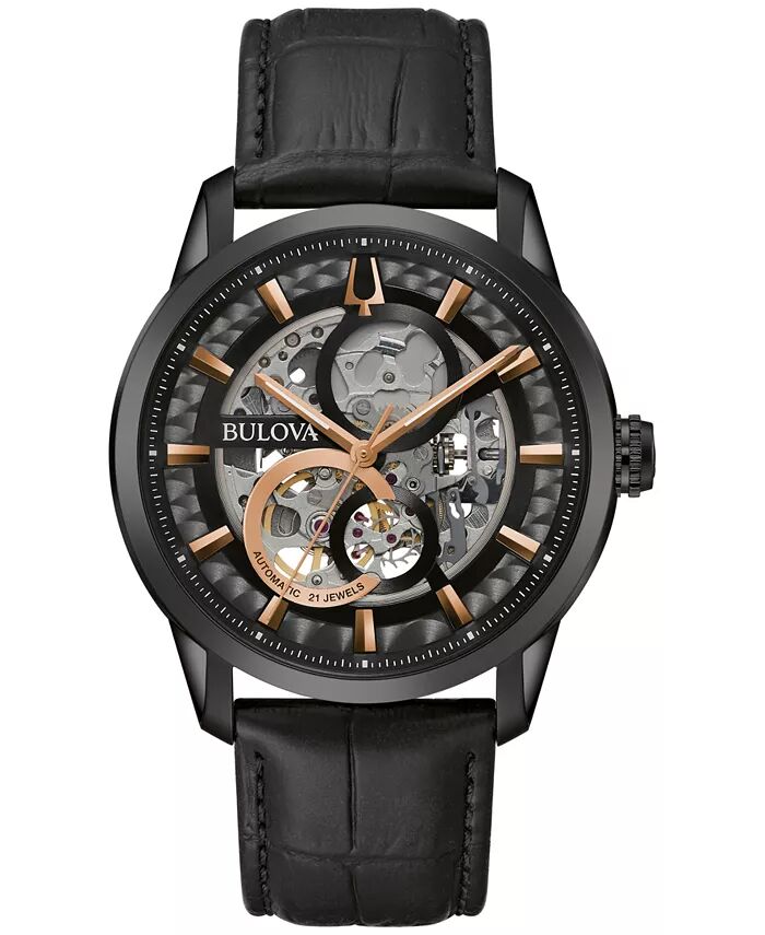 

Мужские автоматические часы Sutton с черным кожаным ремешком 43 мм Bulova