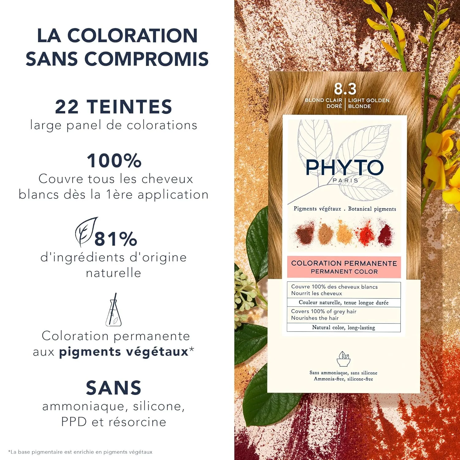Стойкая краска для волос PHYTO Phytocolor с растительными пигментами, 100% закрашивание седых волос, без аммиака, без PPD, без резорцина, 0,42 унции. 11.91 г (1 шт.), 8.3 Light Golden Blonde — фото 2