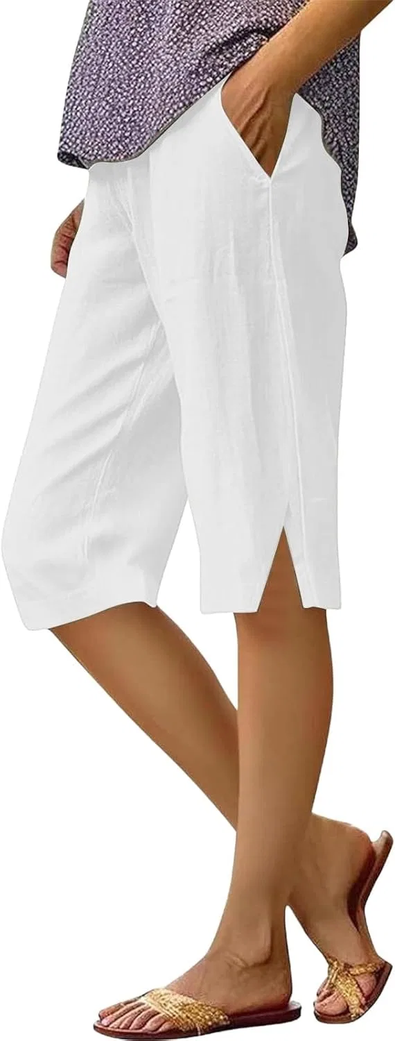 Шорты женские из хлопка и льна, с карманами, высокой талией, свободного кроя, White