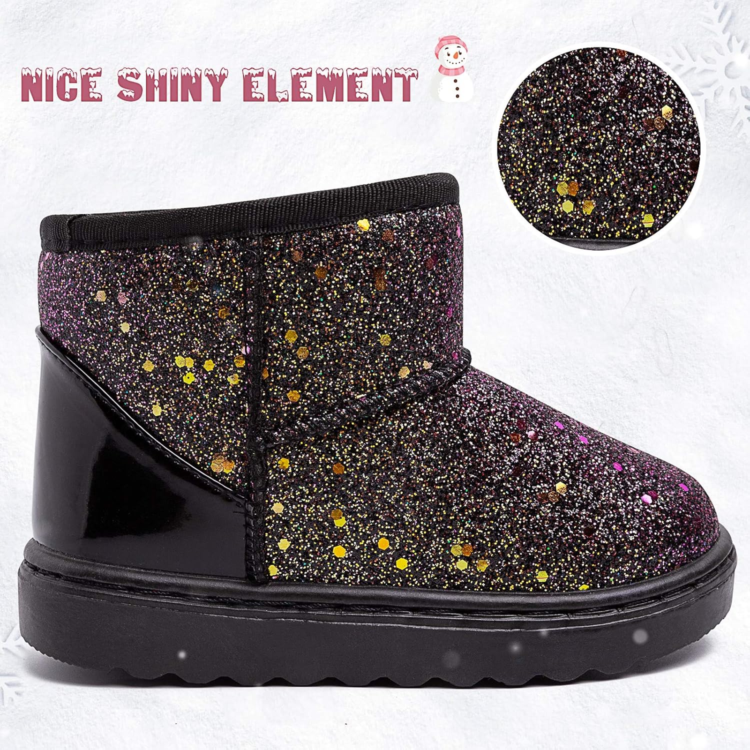 Techcity Boys Girls Winter Warm Snow Boots Sequin Fur Lined Waterproof Boot Glitter Princess Outdoor Shoes(Toddler/Little Kid), Glitter Black — фото 4