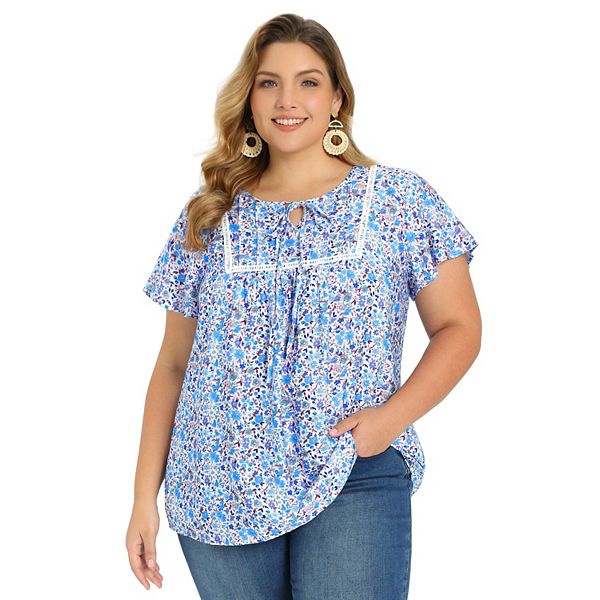 

Блузка Plus size с вытачками, цветочным принтом и рюшами на рукавах Grace & Grandeur, Sky Blue