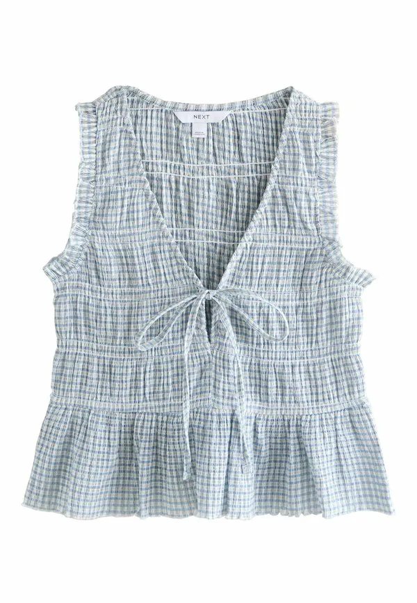 Блузка без рукавов прямого кроя со сборками и завязками спереди. Next, Blue Gingham