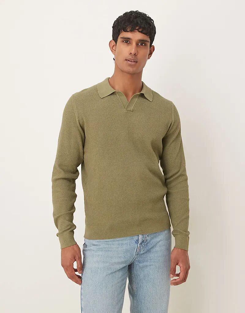 

Топ-поло из смеси хлопка Mango в рубчик оливково-зеленого цвета