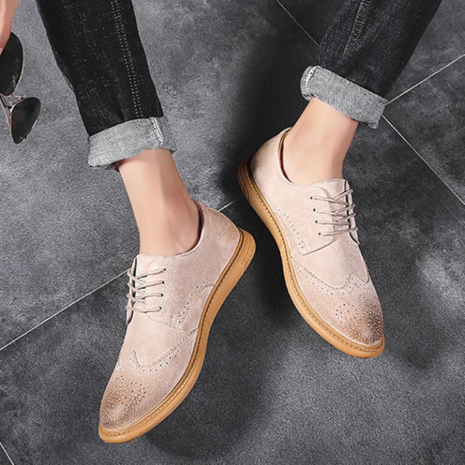 Мужские оксфорды с крыльями Brogue из замшевой кожи, модные туфли с резным рисунком, округлый носок, шнуровка, низкие деловые и повседневные туфли Derby GLBDU, коричневый — фото 4