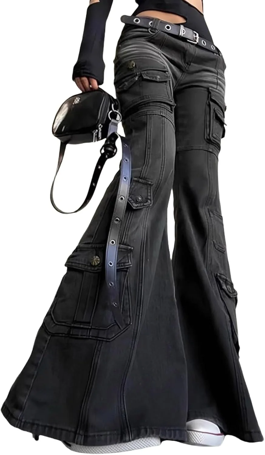 

Женские джинсы в стиле панк Y2K с низкой посадкой и расклешенным низом, с карманами MEOKIM