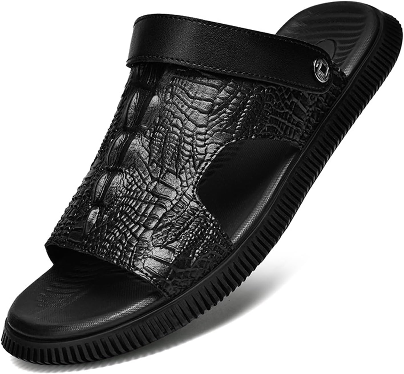 

Мужские сандалии ENJGU из натуральной кожи, модные, классическая печать, с открытым носком, ремешки на пятке, на плоской подошве, пляжные, нескользящие, мягкие и удобные шлепанцы, черный