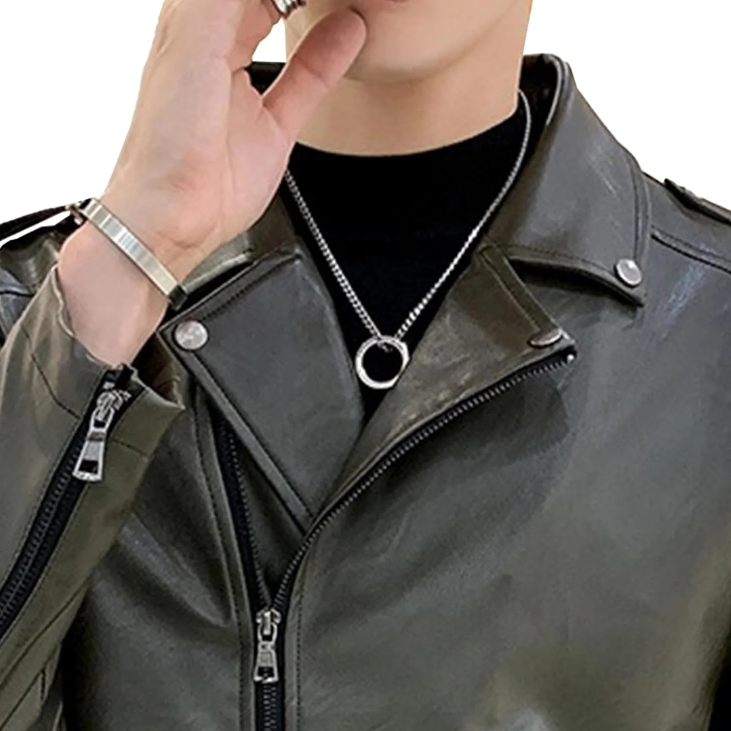 Мужская куртка-бомбер в стиле панк-байкер с двойным поясом, Slim Fit, из искусственной кожи для мотоциклистов Generic, зеленый — фото 3