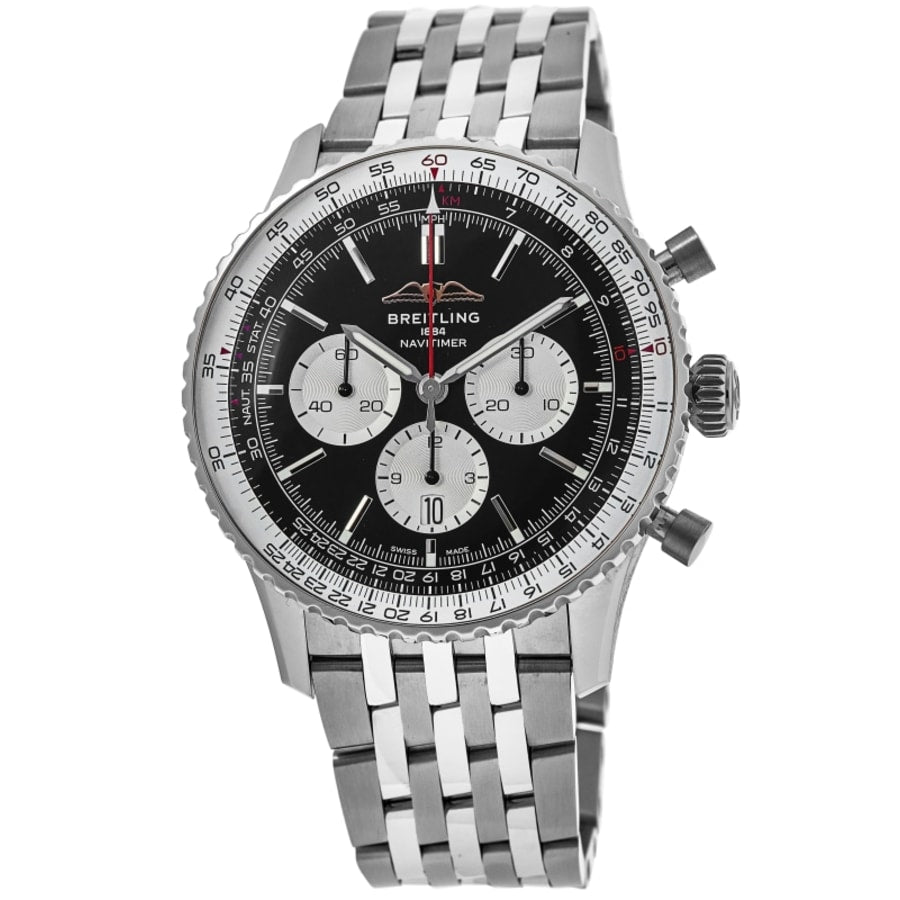 

Breitling Navitimer B01 Chronograph 46 черный циферблат стальные мужские часы AB0137211B1A1