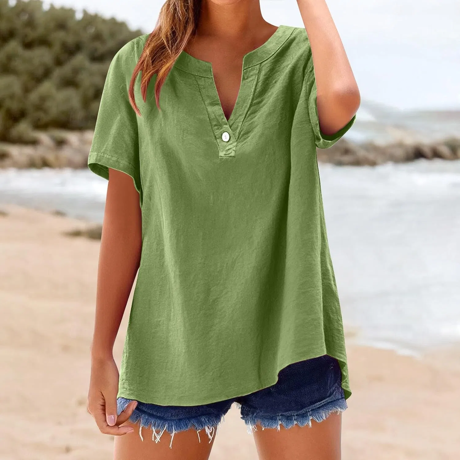 Блуза свободного кроя с воротником-стойкой, Loose Button Shirt Top, мятно-зеленый — фото 3