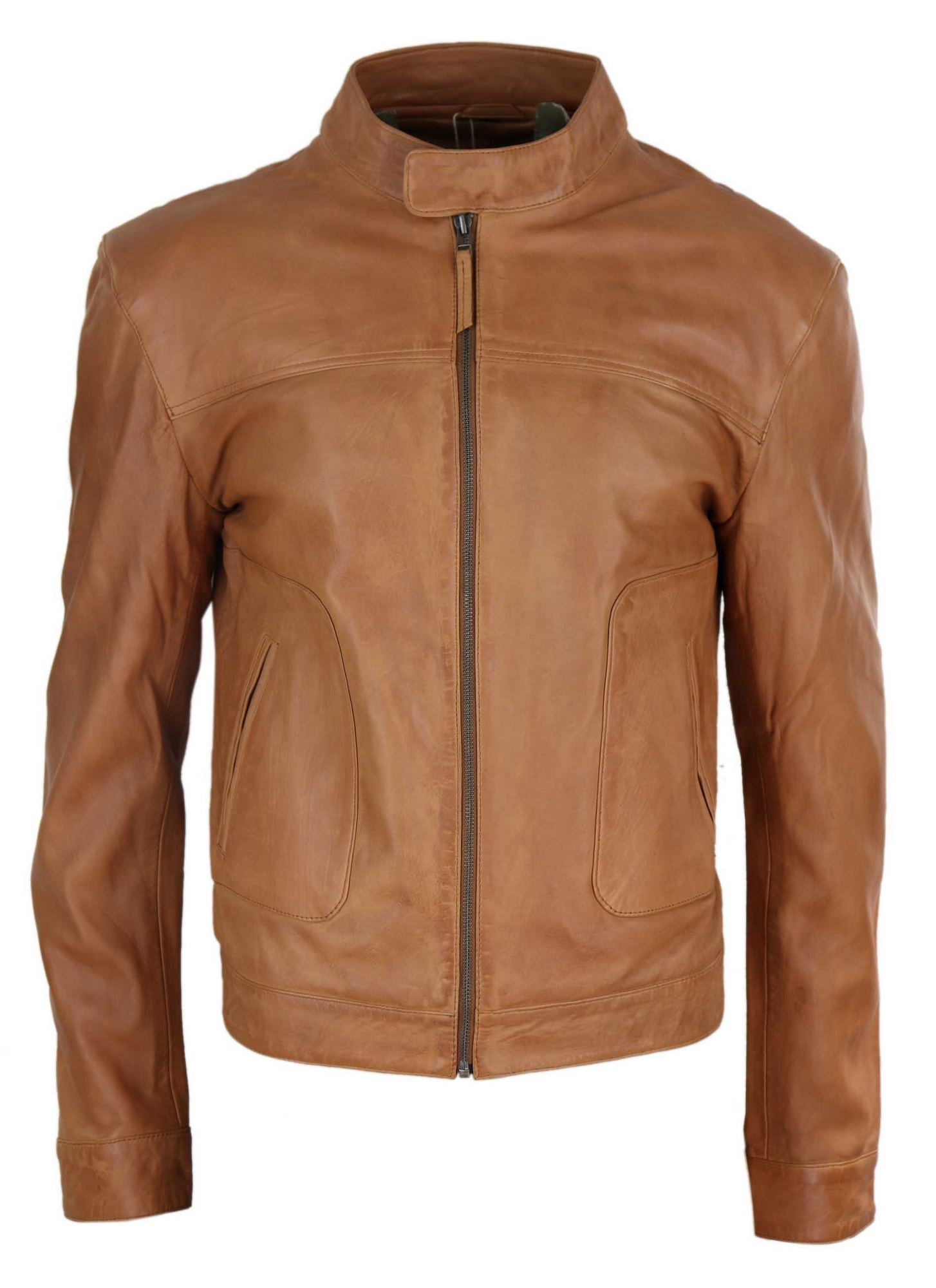

Классическая кожаная байкерская куртка без воротника TruClothing, цвет tan