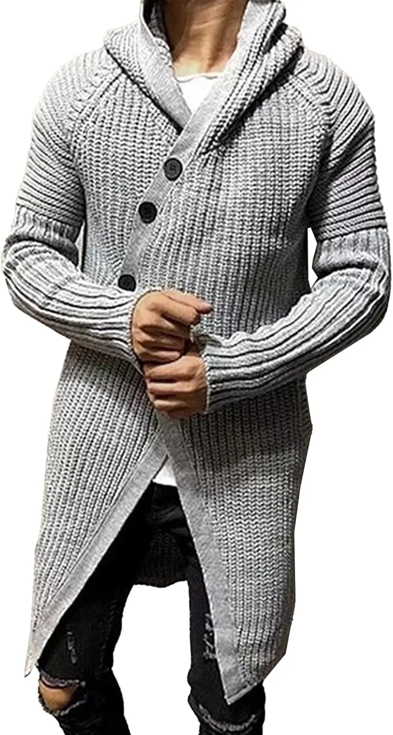 

Мужской вязаный теплый свитер с капюшоном на пуговицах