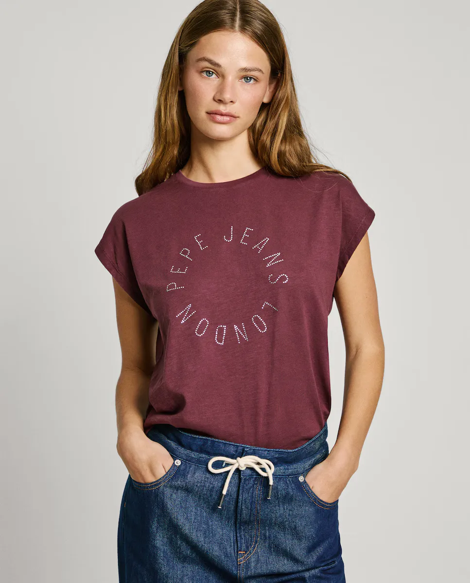 

Женская футболка с круглым вырезом и логотипом из пайеток Pepe Jeans, гранатовый
