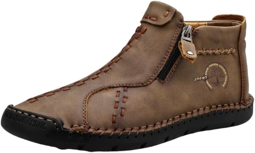 

Мужские ботинки до щиколотки с молнией - винтажный стиль, строченый дизайн, резиновая подошва, округлый носок, повседневная обувь на все сезоны Hhhchpm, хаки