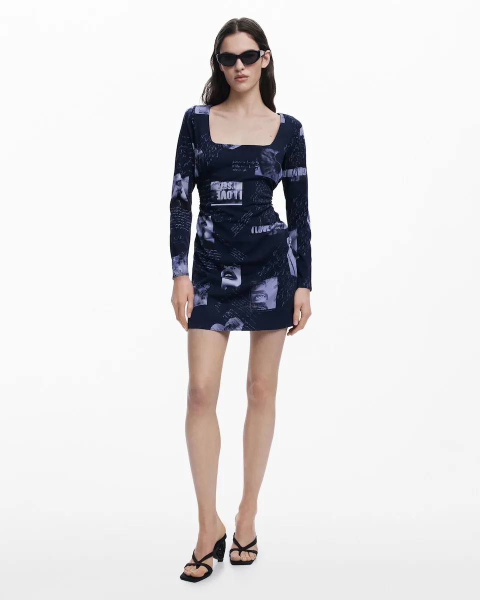 

Платье с почтовым принтом и квадратным вырезом Desigual, синий