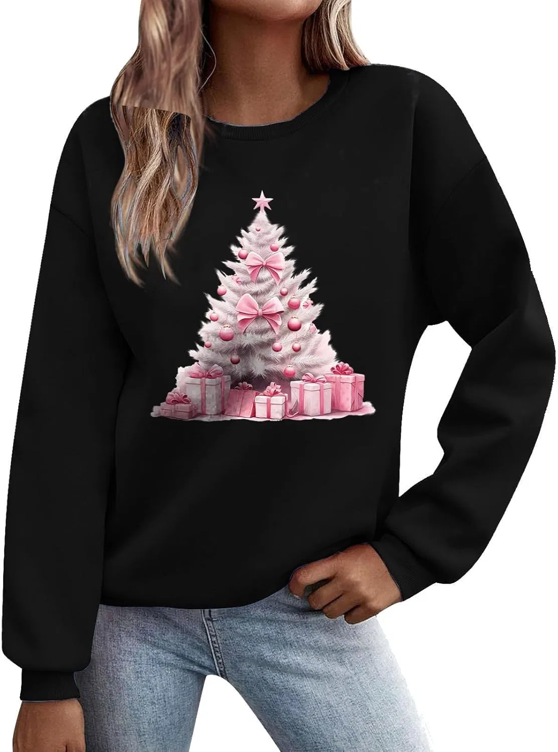 Generic Толстовка с круглым вырезом Ugly Christmas Sweater для женщин, смешная, plus size, с длинным рукавом, рождественская, цвета red wine, с принтом бокала, пуловер