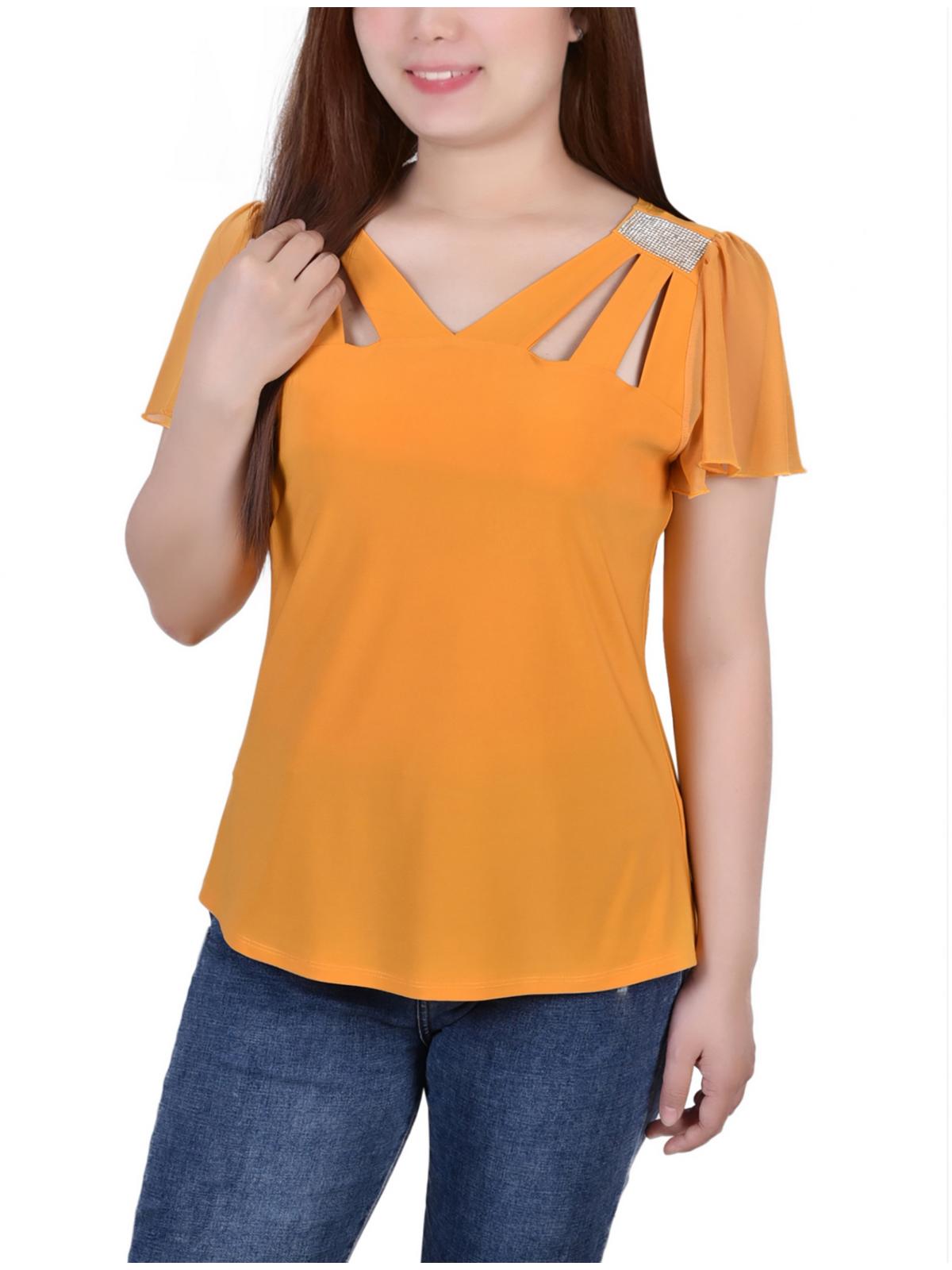 

Женская блузка Petites с вырезом и сетчатой ​​вставкой NY Collection, золотой