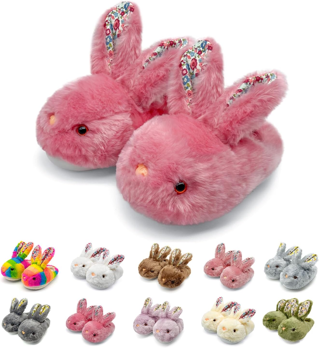 

Женские пушистые тапочки с ушками кролика и цветочным принтом, плюшевые тапочки-зайчики для дома, большие размеры, хлопковые, милые домашние зимние тапочки с нескользящей подошвой для мужчин, девушек и подростков Sutexle, розовый