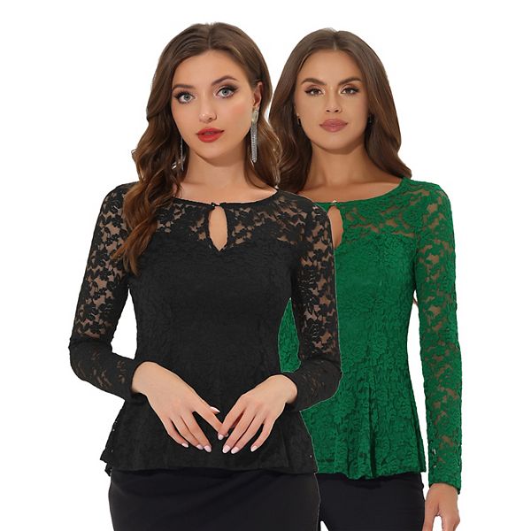 

2 упаковки женских кружевных топов с вырезом-замочной скважиной спереди и кокетливым подолом Inspire Chic, Black Green