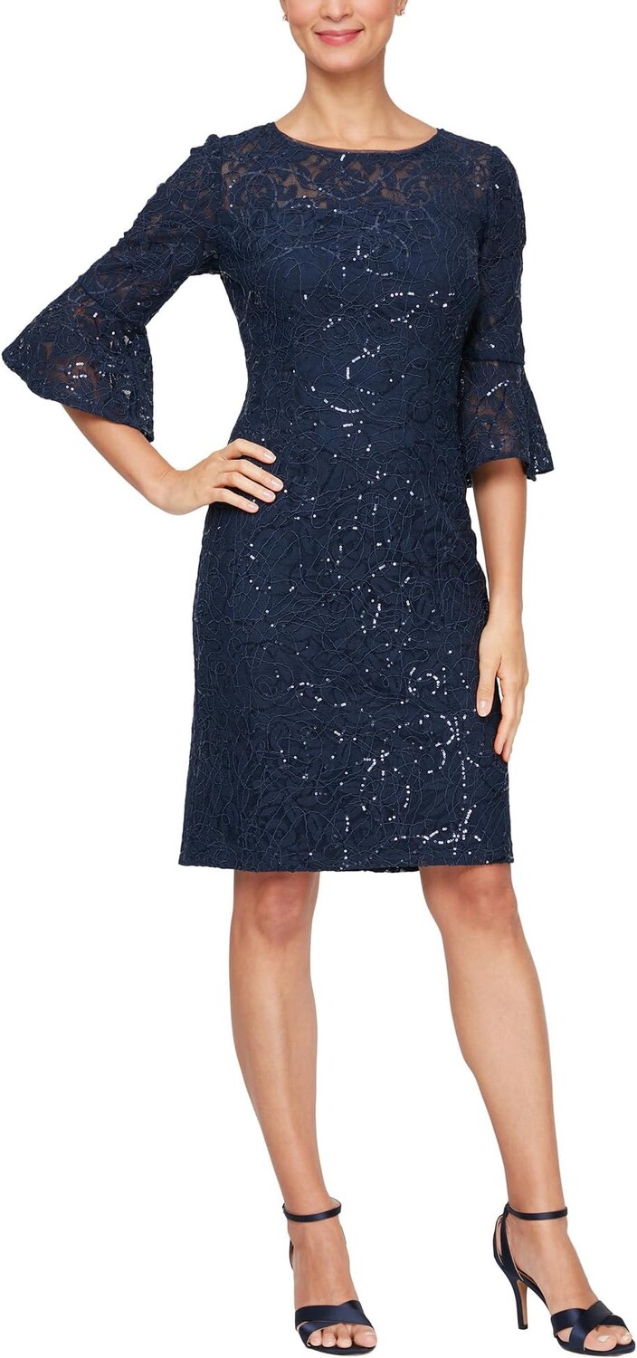 

Платье Alex Evenings Short Corded Lace Sheath Dress with Illusion Neckline and Bell Sleeves, темно-синий