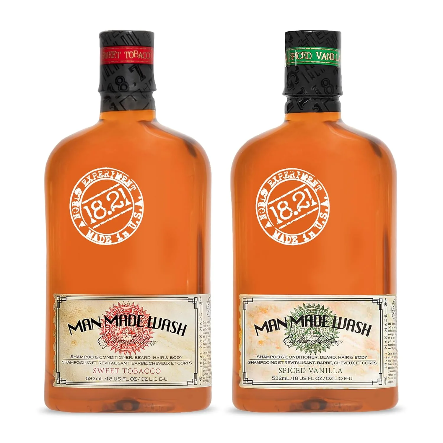 18.21 man made sweet tobacco wash & spiced vanilla 3-в-1, набор из 2 средств по 18 унций (510 г), для всех типов волос и кожи мужчин, укрепляет и увлажняет с мужественным ароматом