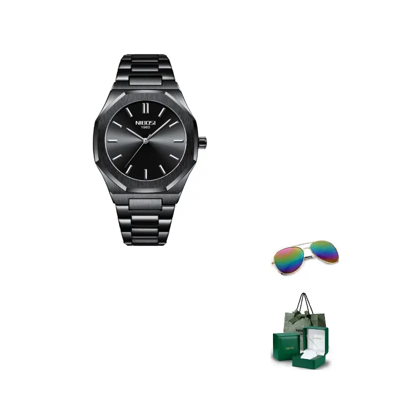 

NIBOSI 1985 Часы мужские с кварцевым механизмом на стальном ремешке, черный циферблат