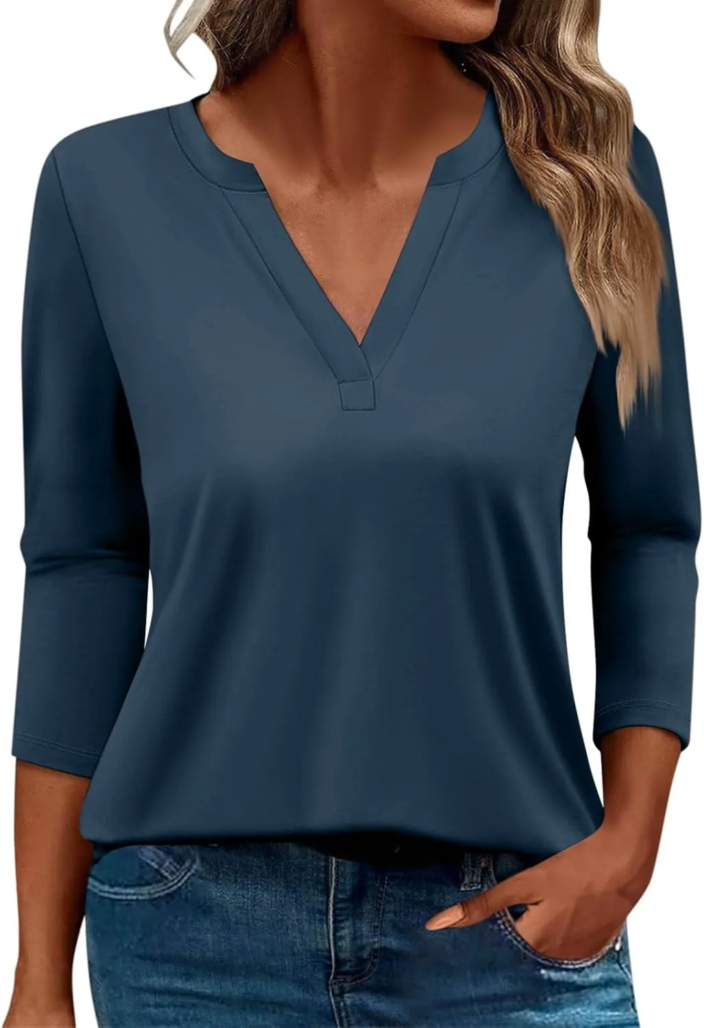 Женская летняя блузка с рукавом 3/4, повседневная футболка с V-образным вырезом, однотонная, S-3XL Generic, темно-синий
