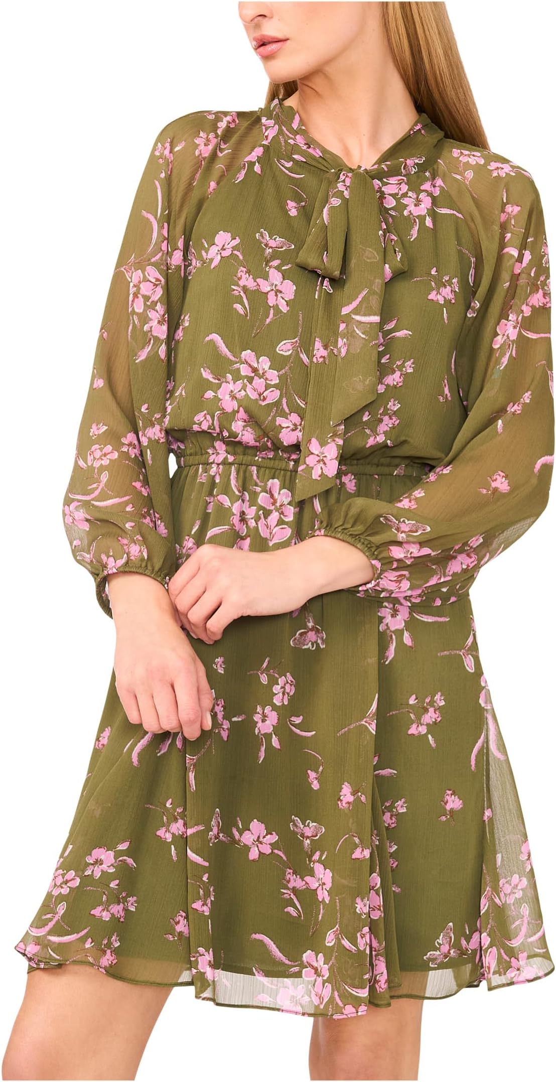 

Платье CeCe Long Sleeve Tie Neck Printed Dress, цвет Chive