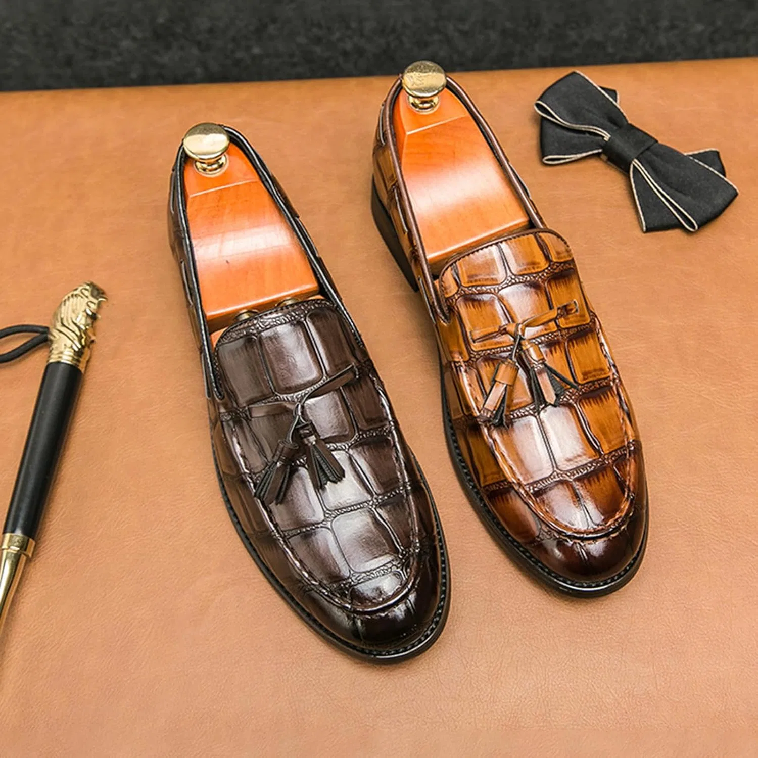 Лоферы с кисточками, кожа с рисунком крокодила, Classic, Желтый NSWDMA — фото 2