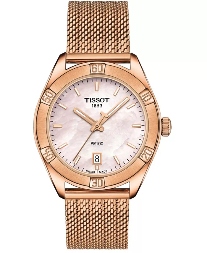 

Женские часы Swiss PR 100 Sport Chic T-Classic с браслетом из нержавеющей стали с сетчатым ремешком, розовое золото, 36 мм Tissot