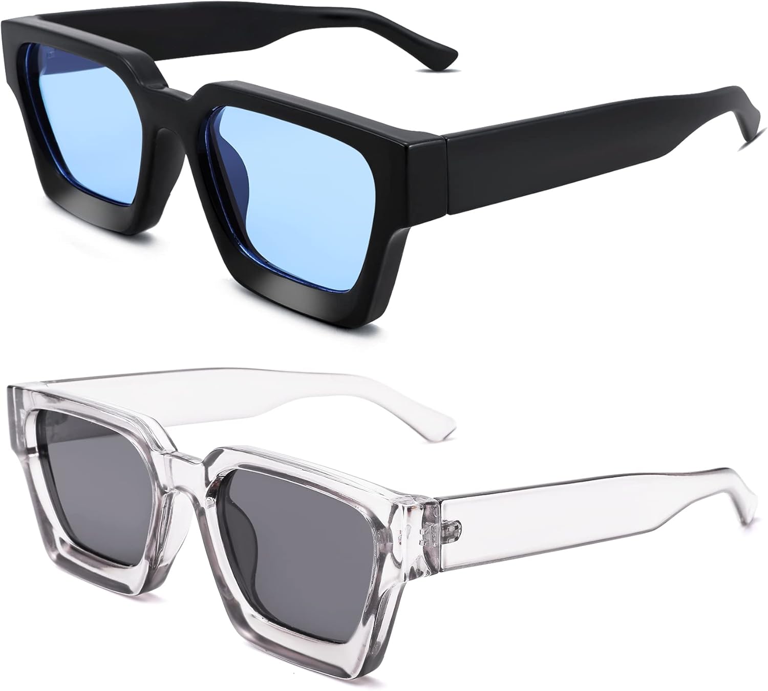 

Солнцезащитные очки Hycredi прямоугольной формы для женщин и мужчин, ретро-квадратные массивные очки в стиле 90-х, защита UV400, 2 Pack (Transparent Grey/Grey+black/Blue）