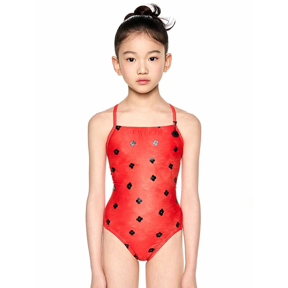Детский слитный купальник с перекрестными лямками Embossed Red Black Flower от Hoog