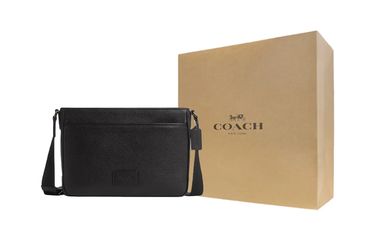 

Coach Изящная кожаная сумка через плечо с зернистым рисунком, большая мужская, черная