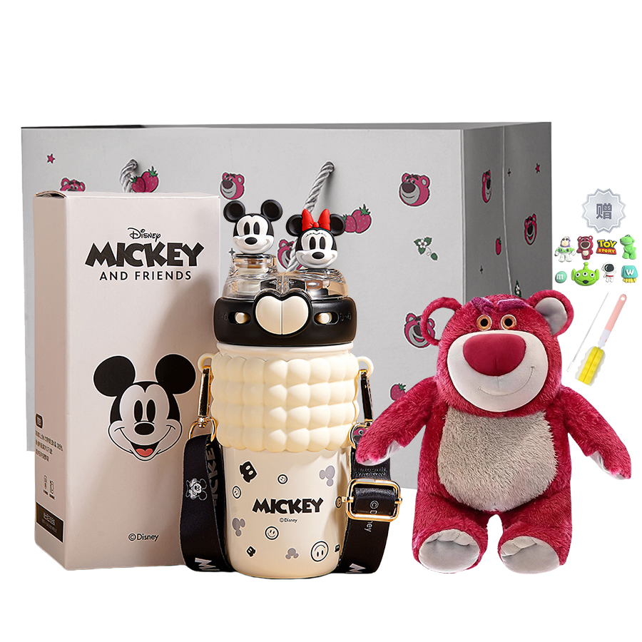 Детский термос Strawberry Bear Disney «Double Drink», 520 мл, Mickey Mouse + мягкая игрушка, ершик, наклейки, пакет