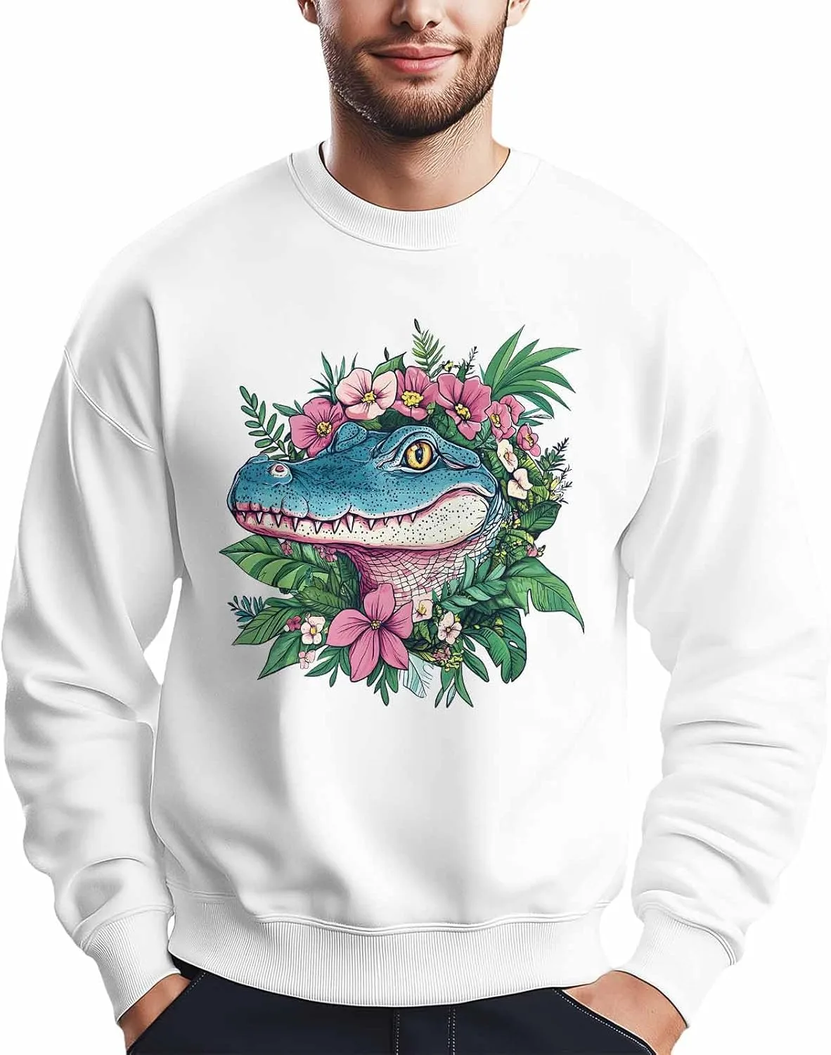 

Мужской свитшот с принтом крокодила и цветов, Crewneck, Long Sleeve Winvebermior