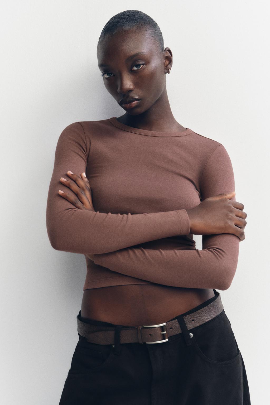 

Футболка из хлопкового модала с длинным рукавом ZARA, коричневый/серо-коричневый