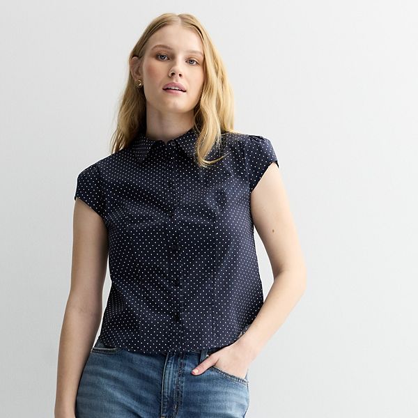 

Рубашка с коротким рукавом на пуговицах для подростков Madden Girl, Navy Polka Dot