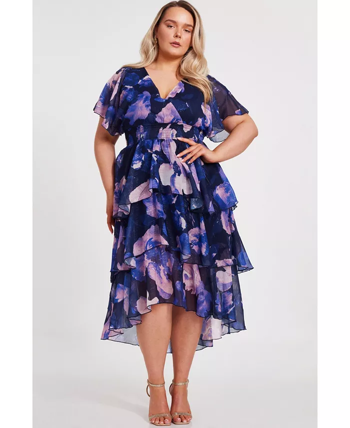 

Платье миди с запахом и асимметричным подолом Plus Size QUIZ, синий