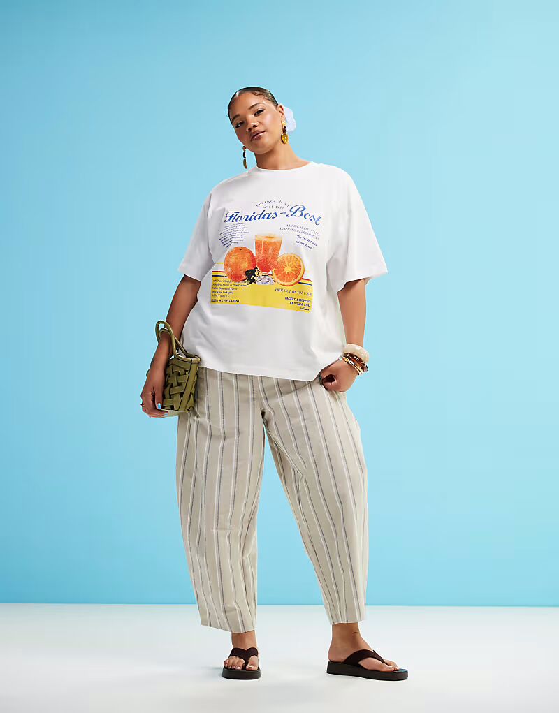 

Брюки-бочонки с льняным эффектом ASOS DESIGN Curve в нейтральную полоску