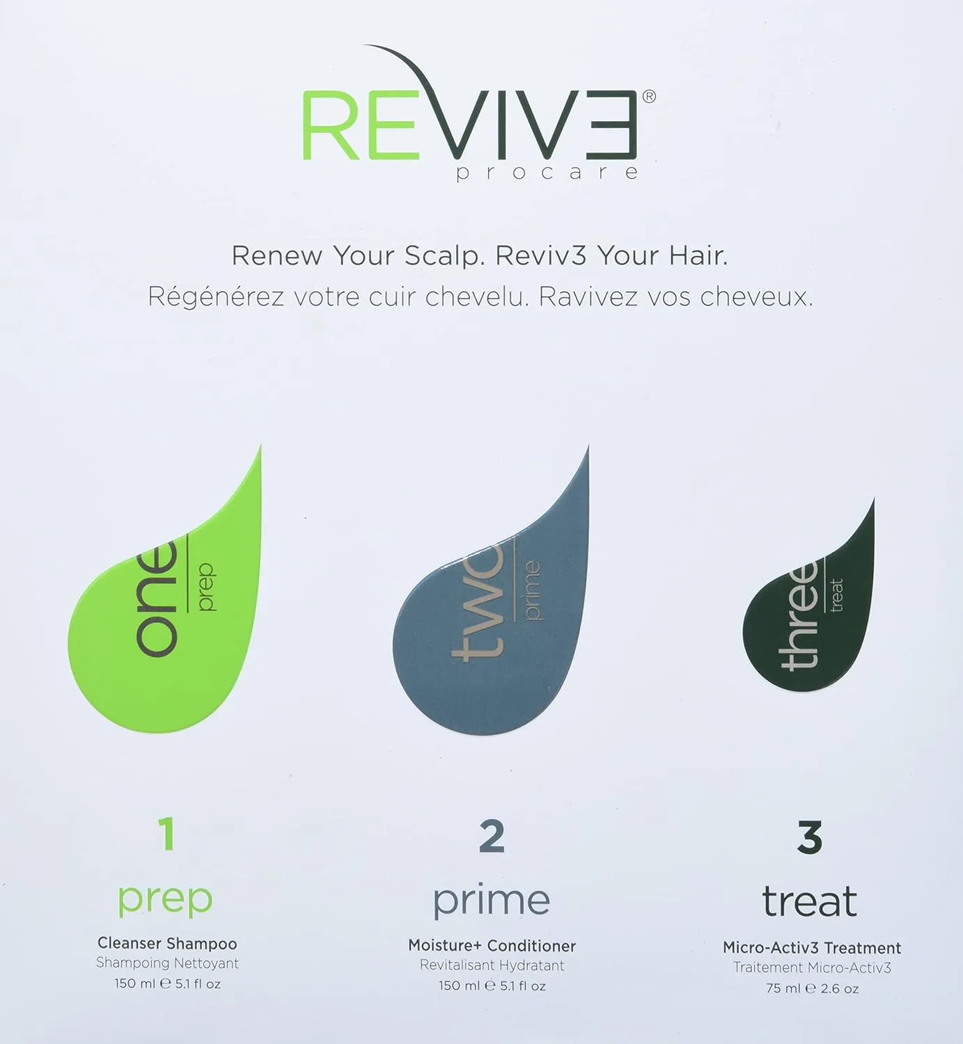 REVIV3 Procare 30-дневный пробный набор - 3-компонентная система для тонких и редеющих волос, без сульфатов и парабенов, шампунь и кондиционер несмываемого действия 674 мл (1 шт.), Olive — фото 2