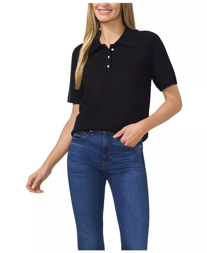 

Женский свитер-поло с короткими рукавами и пуговицами из культивированного жемчуга CeCe, черный