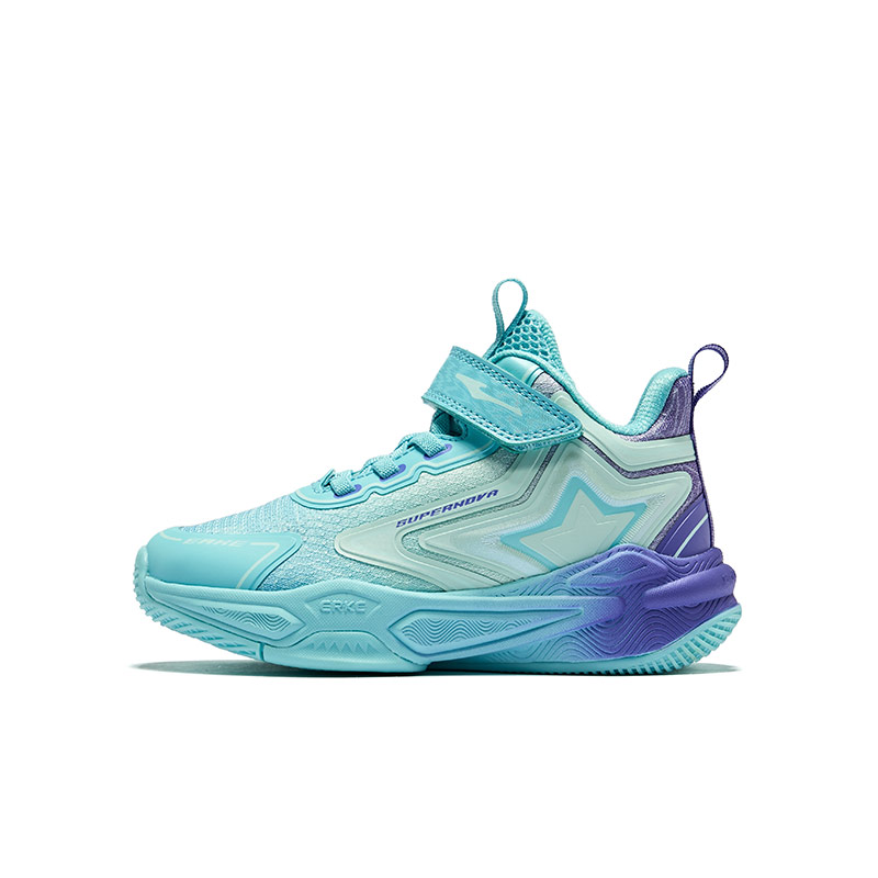 

Детские баскетбольные кроссовки с противоскользящей подошвой и амортизацией ERKE KIDS, diving синий/signal фиолетовый/bubble зеленый