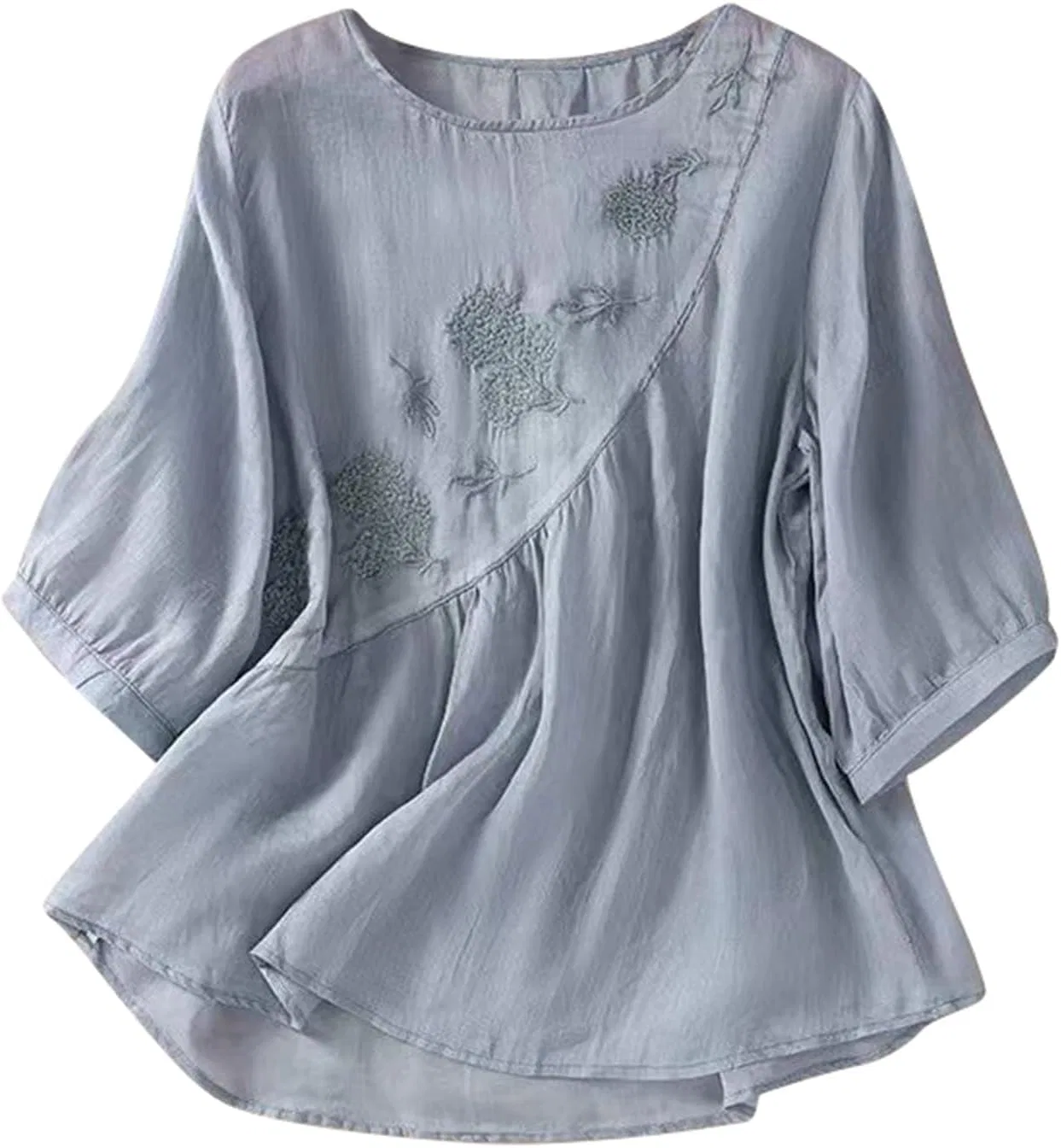 Блуза свободного кроя, Women's T-shirt, Half Sleeve, Cotton Linen, Stylish, Top Blouse, Solid, Loose Fit, Casual, Simple, Linen Shirt, Round Neck, Thin, Large Size, Cute, Top, Embroidery, Floral Pattern, Beautiful, синий