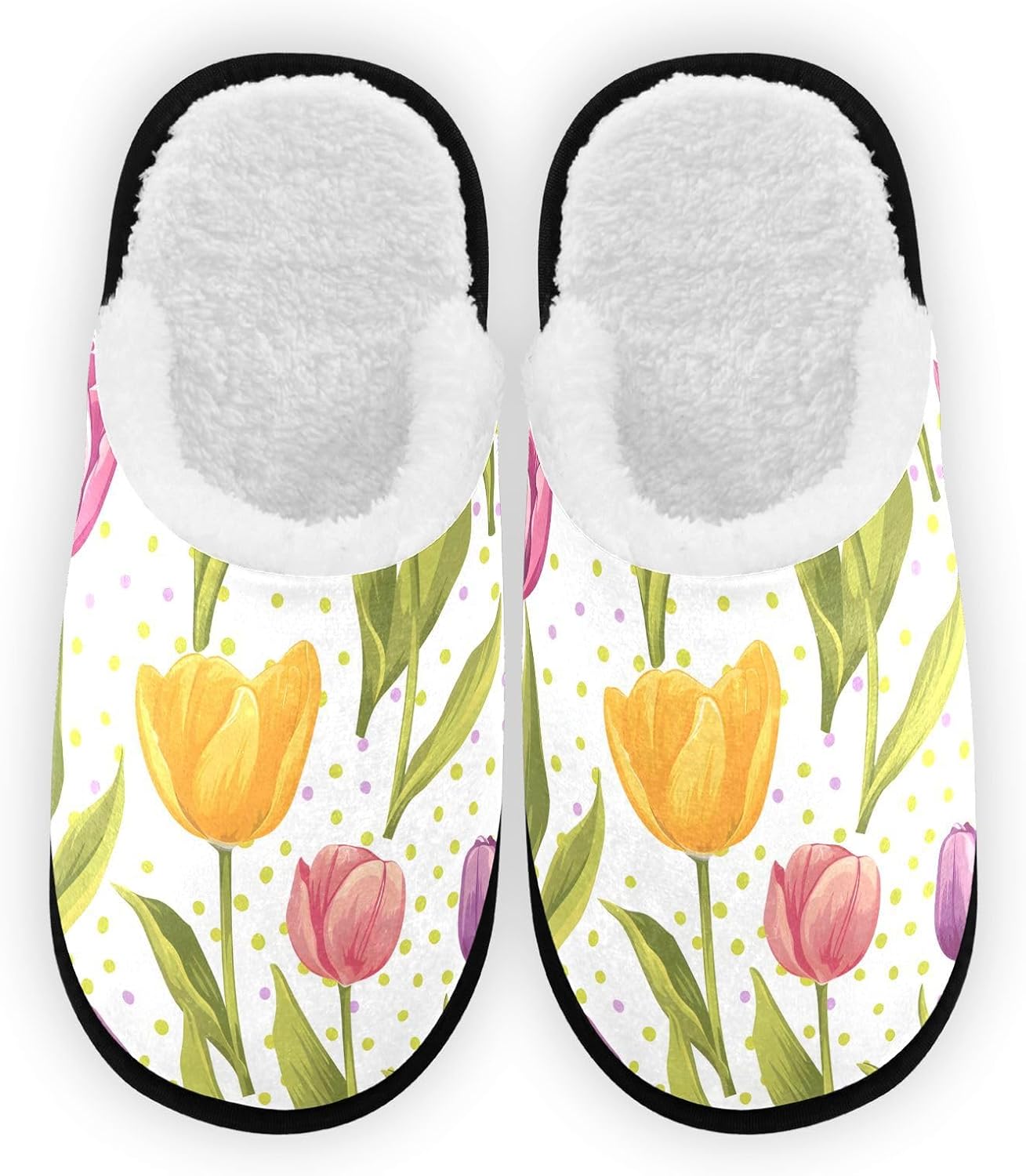 

FENOCHE Тюльпаны в горошек, плюшевые тапочки для женщин и мужчин, теплые, удобные, для путешествий и спа-процедур, нескользящие домашние тапочки, Multicolor