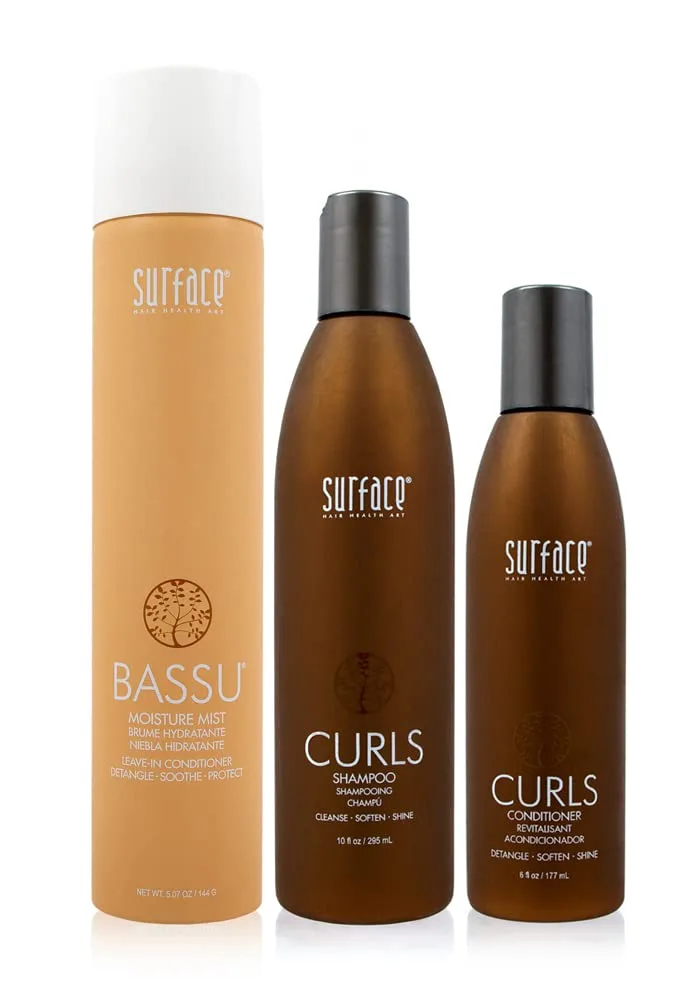 Набор Surface Hair Curls Solution Trio: шампунь и кондиционер для кудрявых волос, а также увлажняющий спрей Bassu.