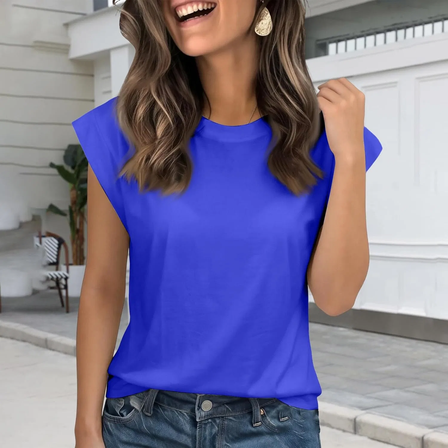 Футболка женская с кап-рукавом, свободного кроя, Ee07 Royal Blue — фото 2