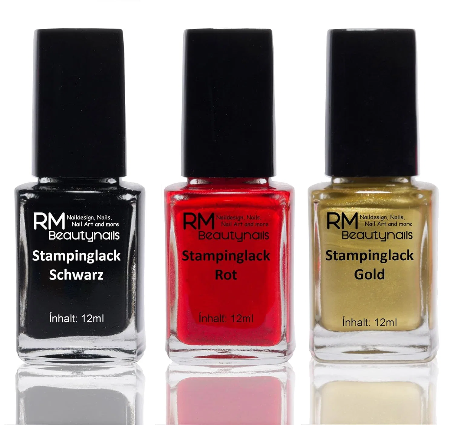 Набор лаков для стемпинга черный, красный, золотой Rm Beautynails