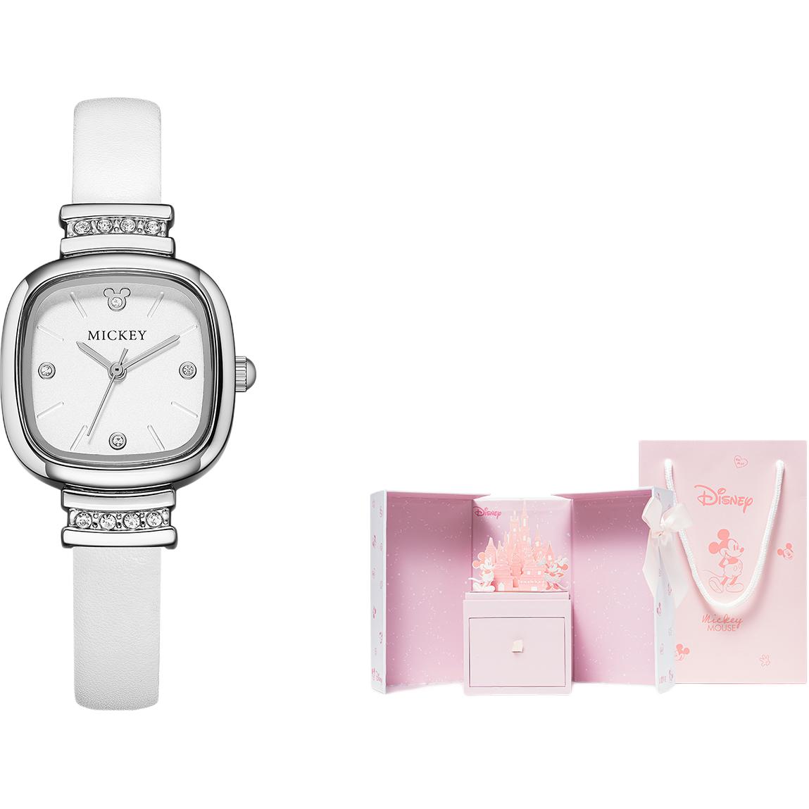 

Disney Часы Small Square Table Quartz Movement Leather Strap Watch Women's Watch Gold Dial, Fashion Silver [Dreamy Castle Box]
